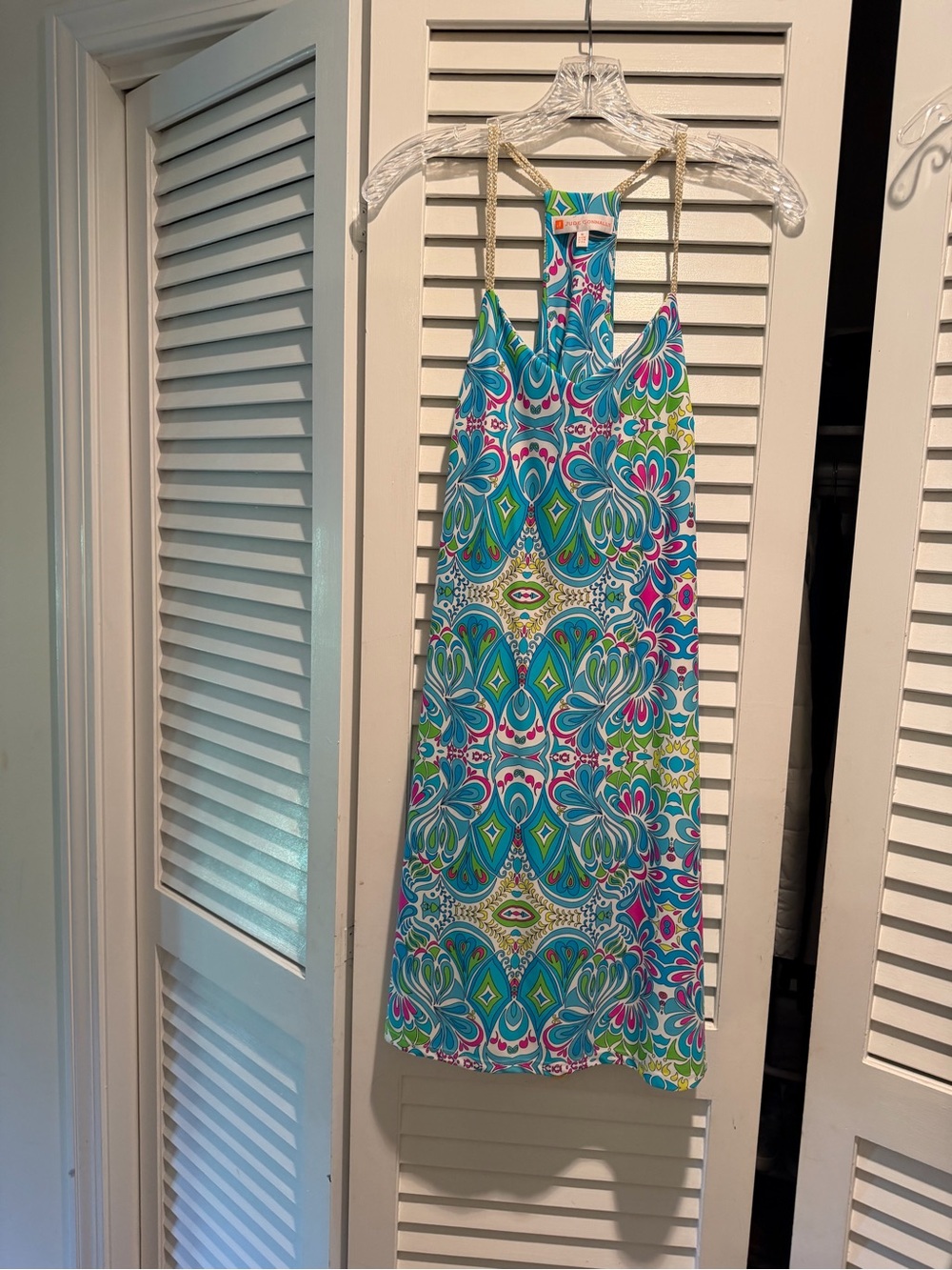 Jude Connally Turquoise, Pink & Lime Halter Dress